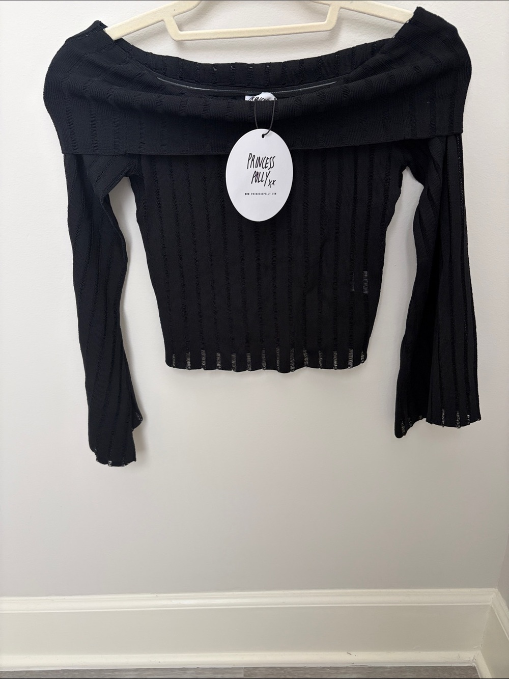 Princess Polly Black Ribbed Off-Shoulder Crop Top Sweater